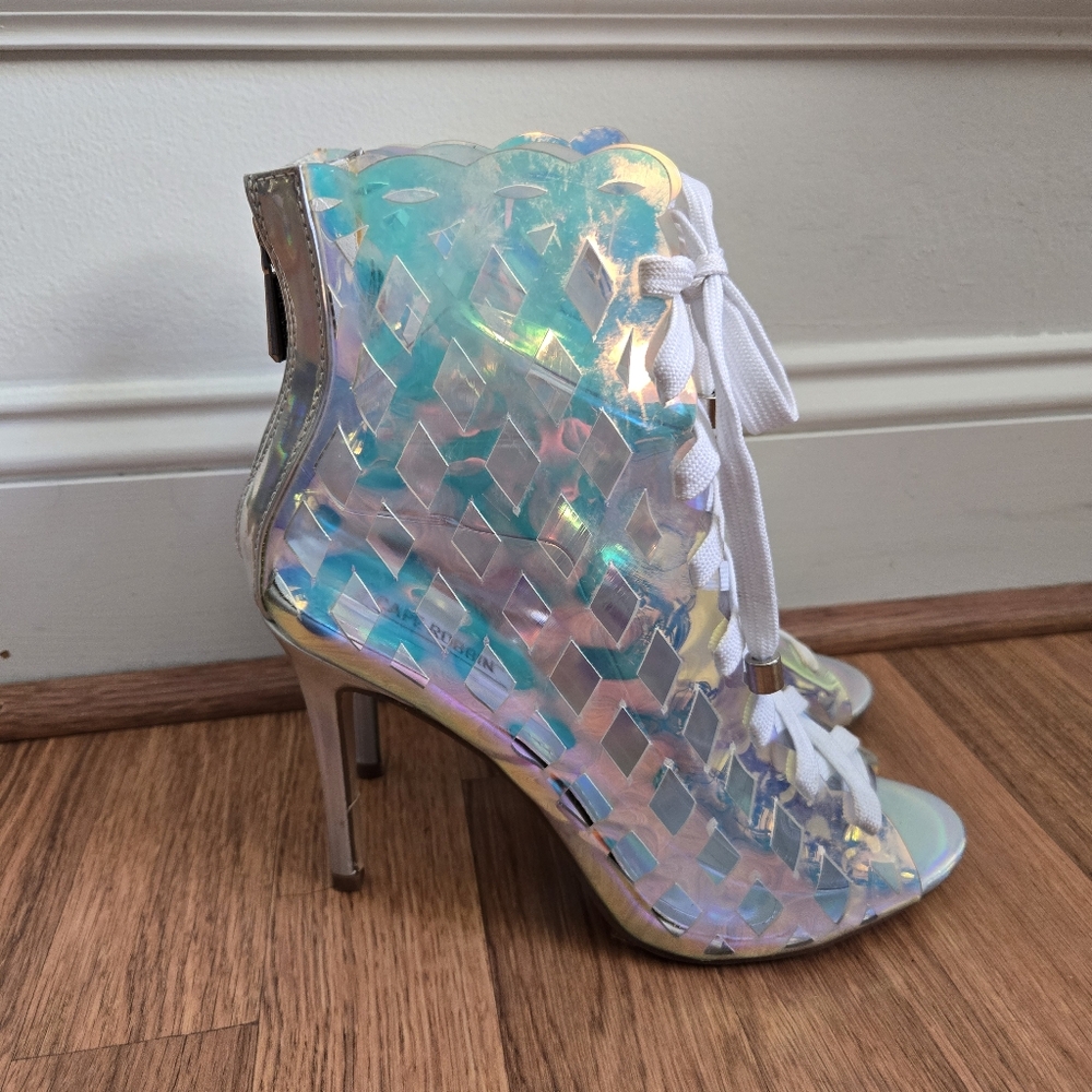 Cape Robbin clear iridescent lace-up booties ankle boots high heels 7.5 stiletto - Picture 5 of 10